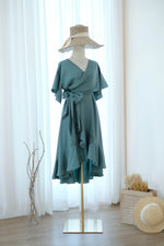 Earthy sage green bridesmaid dress Dark Sage green wrap dress Short sleeve Asymmetrically hem Hight low skirt wrap dress Party Prom Cocktail dress - ROSE