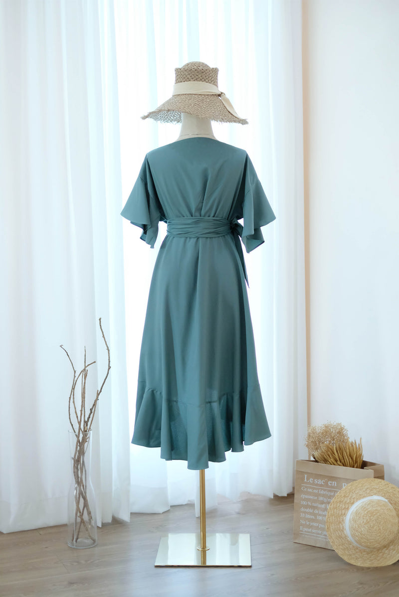 Earthy sage green bridesmaid dress Dark Sage green wrap dress Short sleeve Asymmetrically hem Hight low skirt wrap dress Party Prom Cocktail dress - ROSE