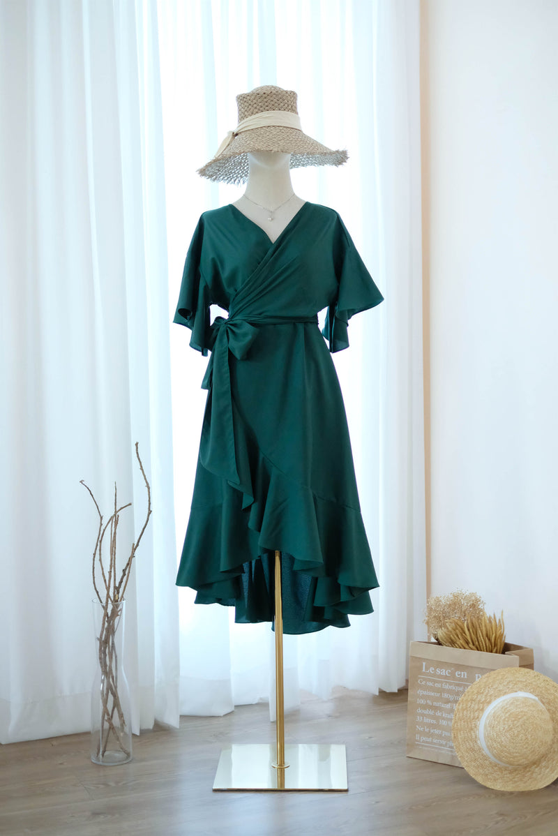 Forest green bridesmaid dress Green wrap dress Short sleeve Asymmetrically hem Hight low skirt wrap dress Party Prom Cocktail dress - ROSE