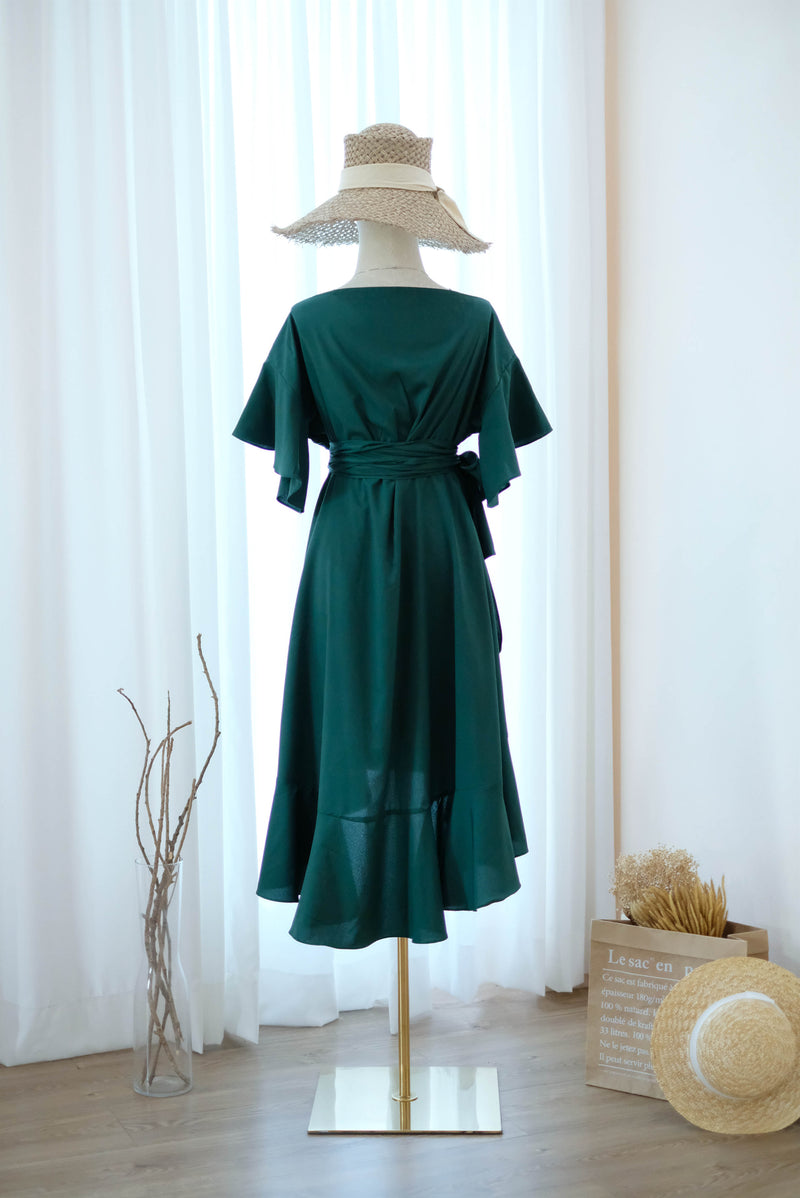 Forest green bridesmaid dress Green wrap dress Short sleeve Asymmetrically hem Hight low skirt wrap dress Party Prom Cocktail dress - ROSE