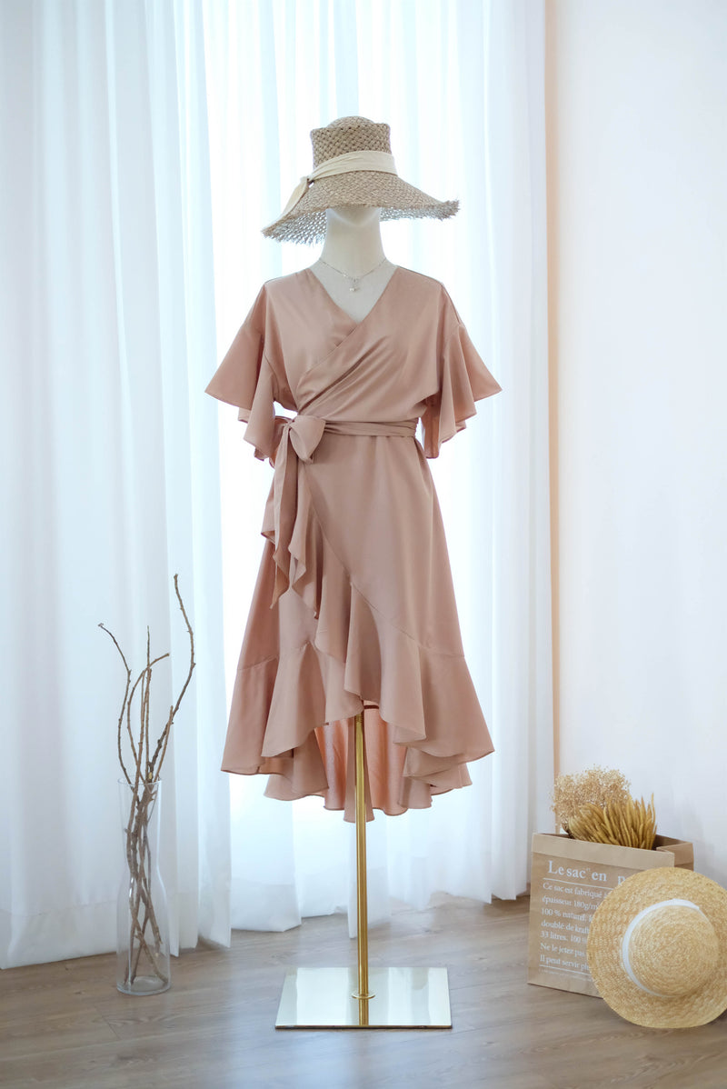 Taupe bridesmaid dress Taupe wrap dress Short sleeve Asymmetrically hem Hight low skirt wrap dress Party Prom Cocktail dress - ROSE