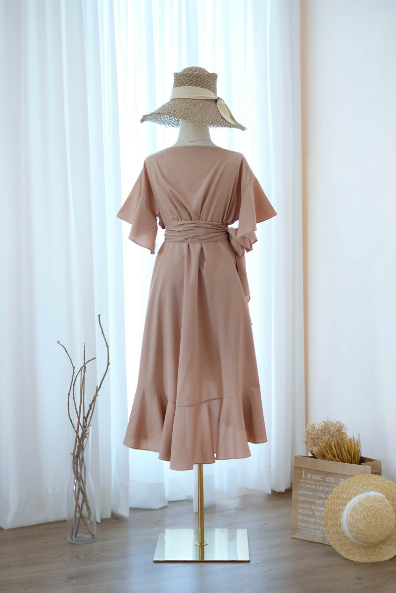 Taupe bridesmaid dress Taupe wrap dress Short sleeve Asymmetrically hem Hight low skirt wrap dress Party Prom Cocktail dress - ROSE