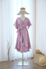 Purple Mauve bridesmaid dress Purple wrap dress Short sleeve Asymmetrically hem Hight low skirt wrap dress Party Prom Cocktail dress - ROSE