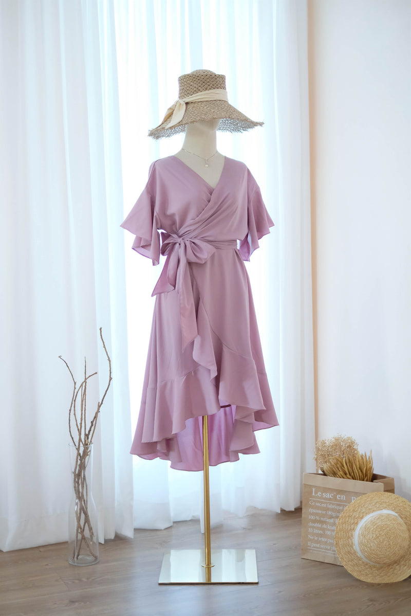 Purple Mauve bridesmaid dress Purple wrap dress Short sleeve Asymmetrically hem Hight low skirt wrap dress Party Prom Cocktail dress - ROSE