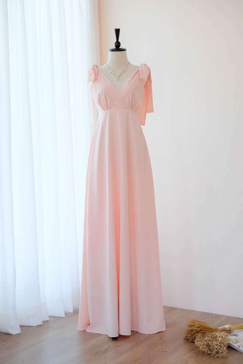 Pink blush bridesmaid dress Pink Maxi party dress simple wedding party cocktail dress bow floor length bridesmaid dresses pink dress - Avery