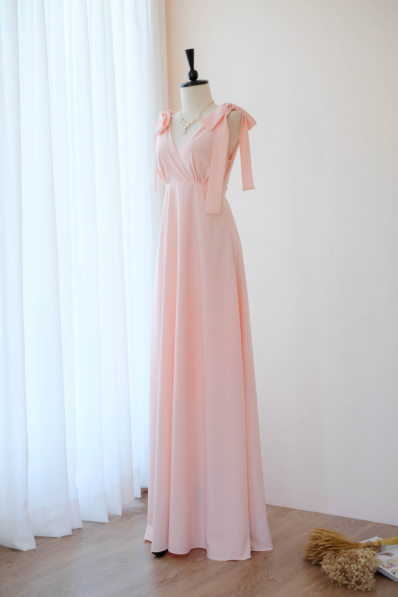 Pink blush bridesmaid dress Pink Maxi party dress simple wedding party cocktail dress bow floor length bridesmaid dresses pink dress - Avery