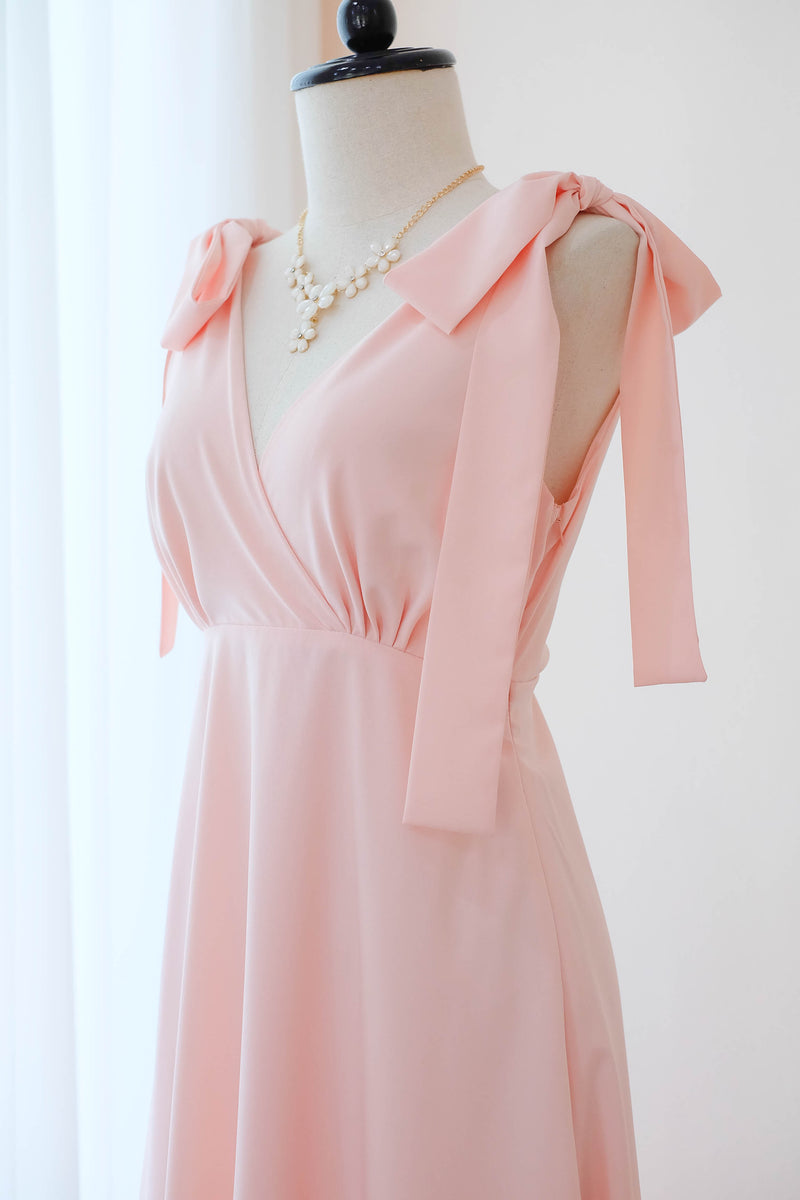 Pink blush bridesmaid dress Pink Maxi party dress simple wedding party cocktail dress bow floor length bridesmaid dresses pink dress - Avery