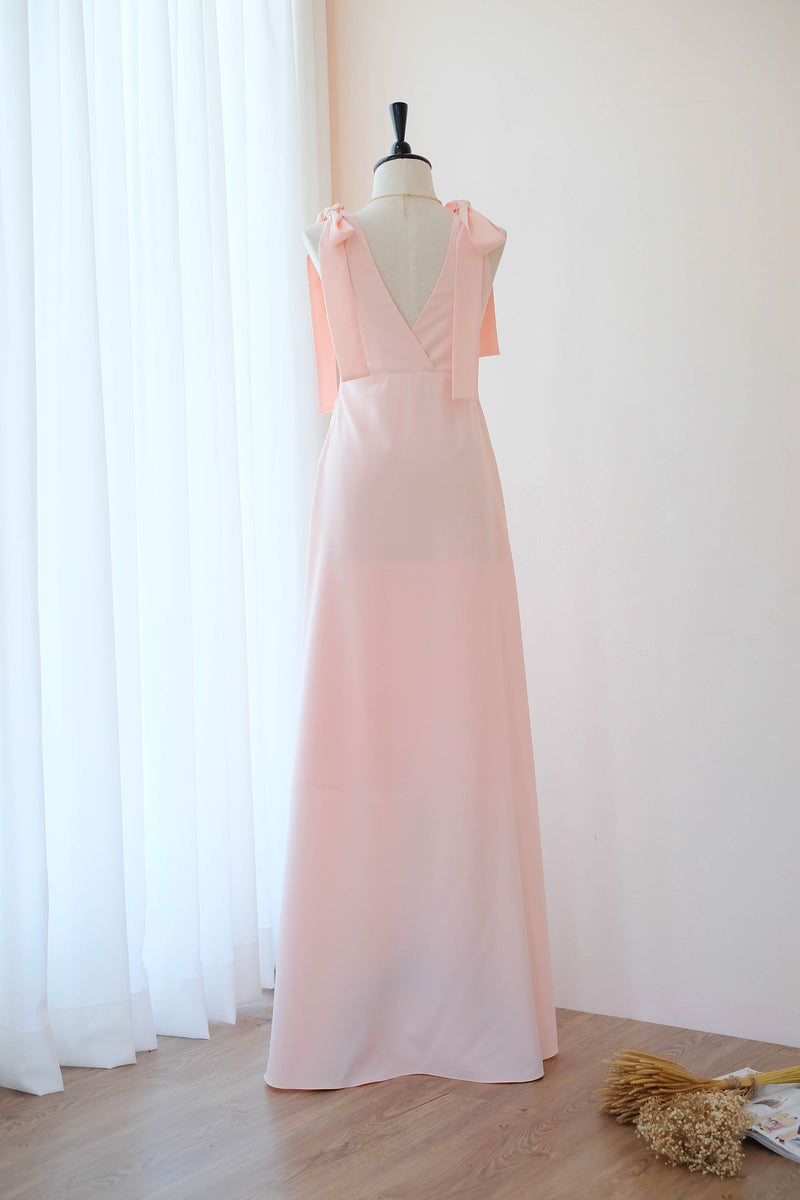 Pink blush bridesmaid dress Pink Maxi party dress simple wedding party cocktail dress bow floor length bridesmaid dresses pink dress - Avery