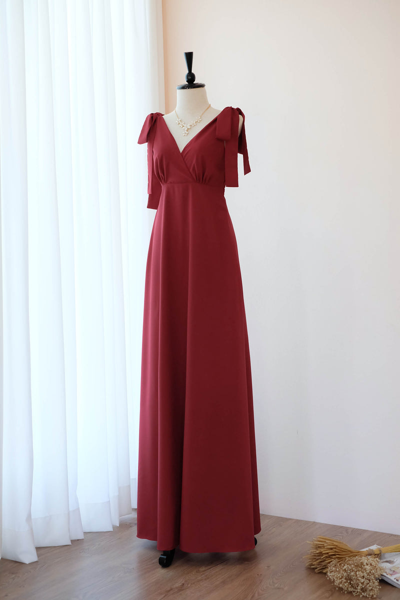 Burgundy bridesmaid dress Dark red Maxi party dress simple wedding party cocktail dress bow floor length bridesmaid dresses pink dress - Avery