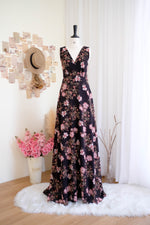 Kate Crossed V neck backless black floral bridesmaid dress