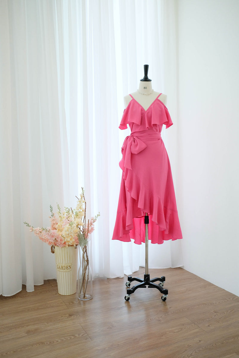 ROSE - Shocking pink dress Asymmetrically hem drop shoulder bridesmaid wrap dress