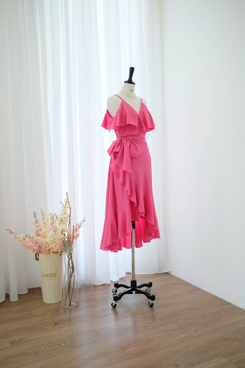 ROSE - Shocking pink dress Asymmetrically hem drop shoulder bridesmaid wrap dress