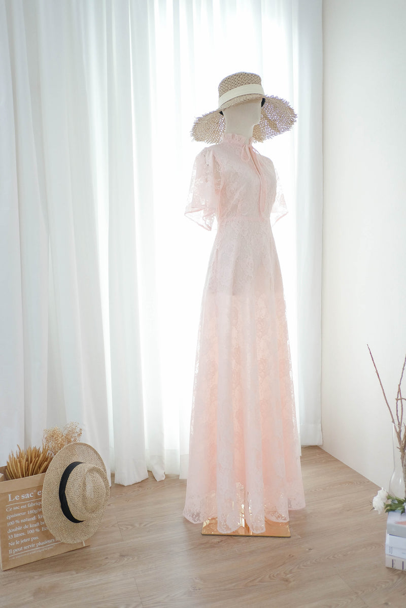 Pink blush Lace maxi bridesmaid dress High neck Vintage prom party rustic country cocktail dress - ELODIE