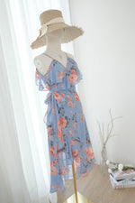 ROSE - Dusty blue chiffon floral bridesmaid wrap dress