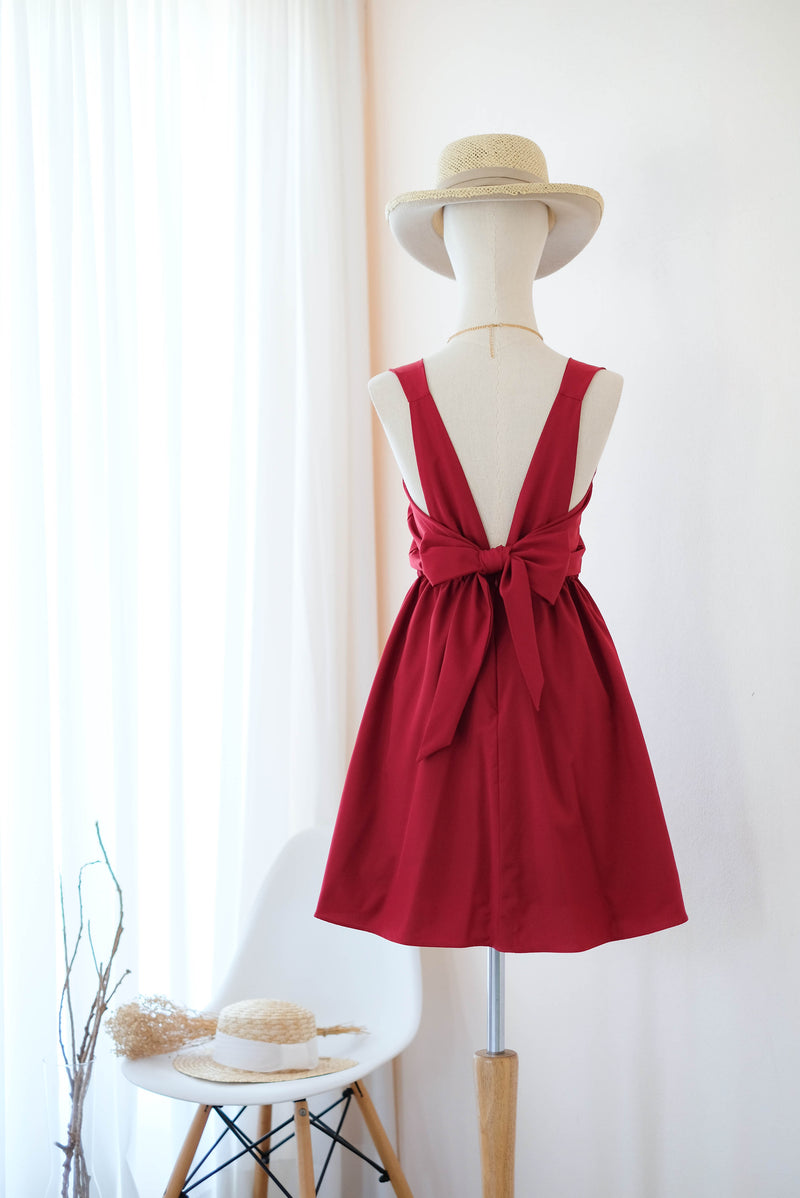 Blood Red backless bridesmaid dresses bow back prom party cocktail wedding bridal party dress - KATE