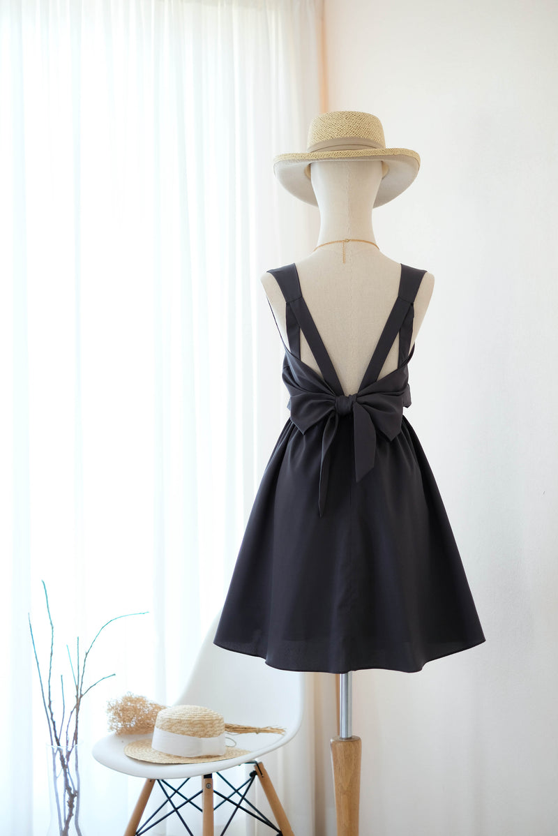 Charcoal gray backless bridesmaid dresses bow back prom party cocktail wedding bridal party dress - KATE