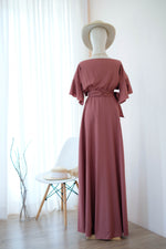 ROSE - Dark English rosewood long bridesmaid dress short sleeve