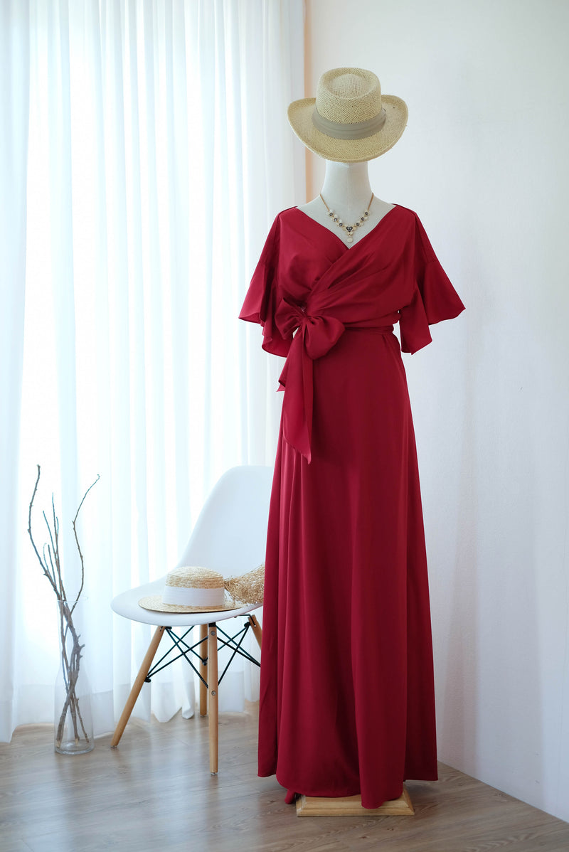 ROSE - Blood red floor length bridesmaid wrap dress