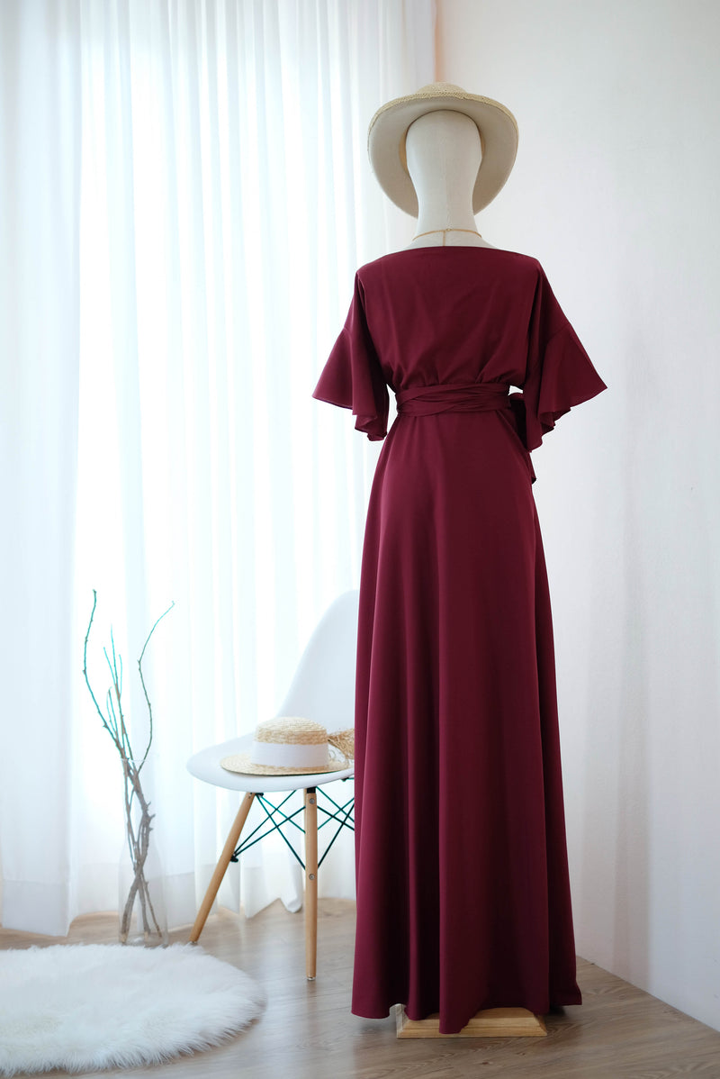 ROSE - Burgundy short sleeve maxi bridesmaid wrap dress