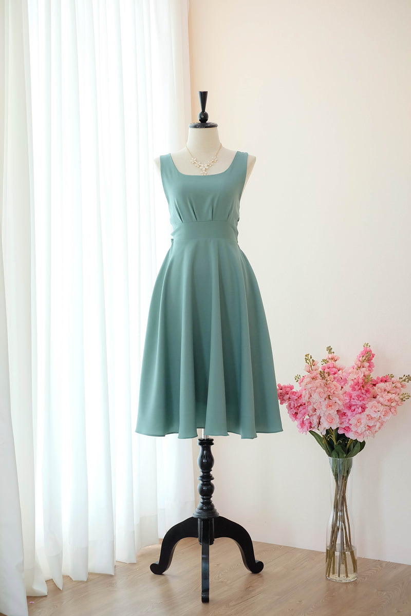Earthy sage green bridesmaid dress Mid length backless bow back prom party cocktail wedding gown - VALENTINA