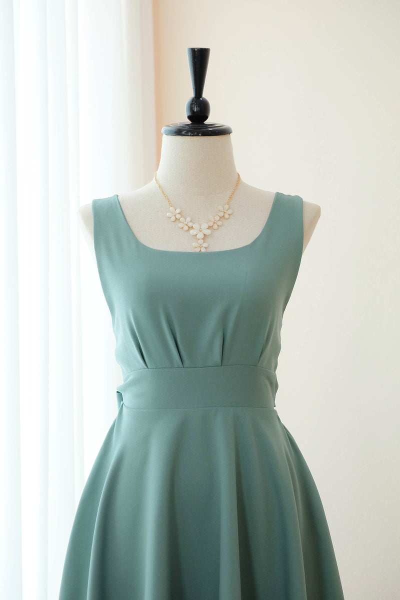 Earthy sage green bridesmaid dress Mid length backless bow back prom party cocktail wedding gown - VALENTINA