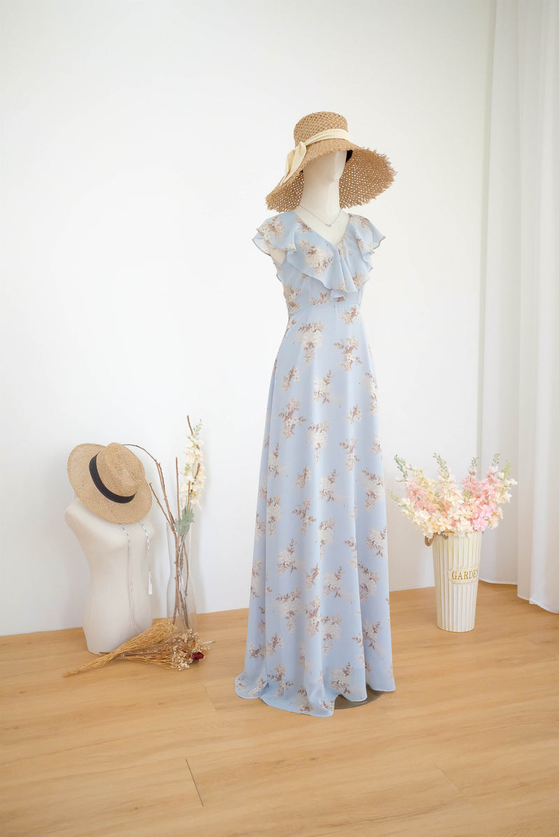 Avery Dusty blue floral summer bridesmaid party dress