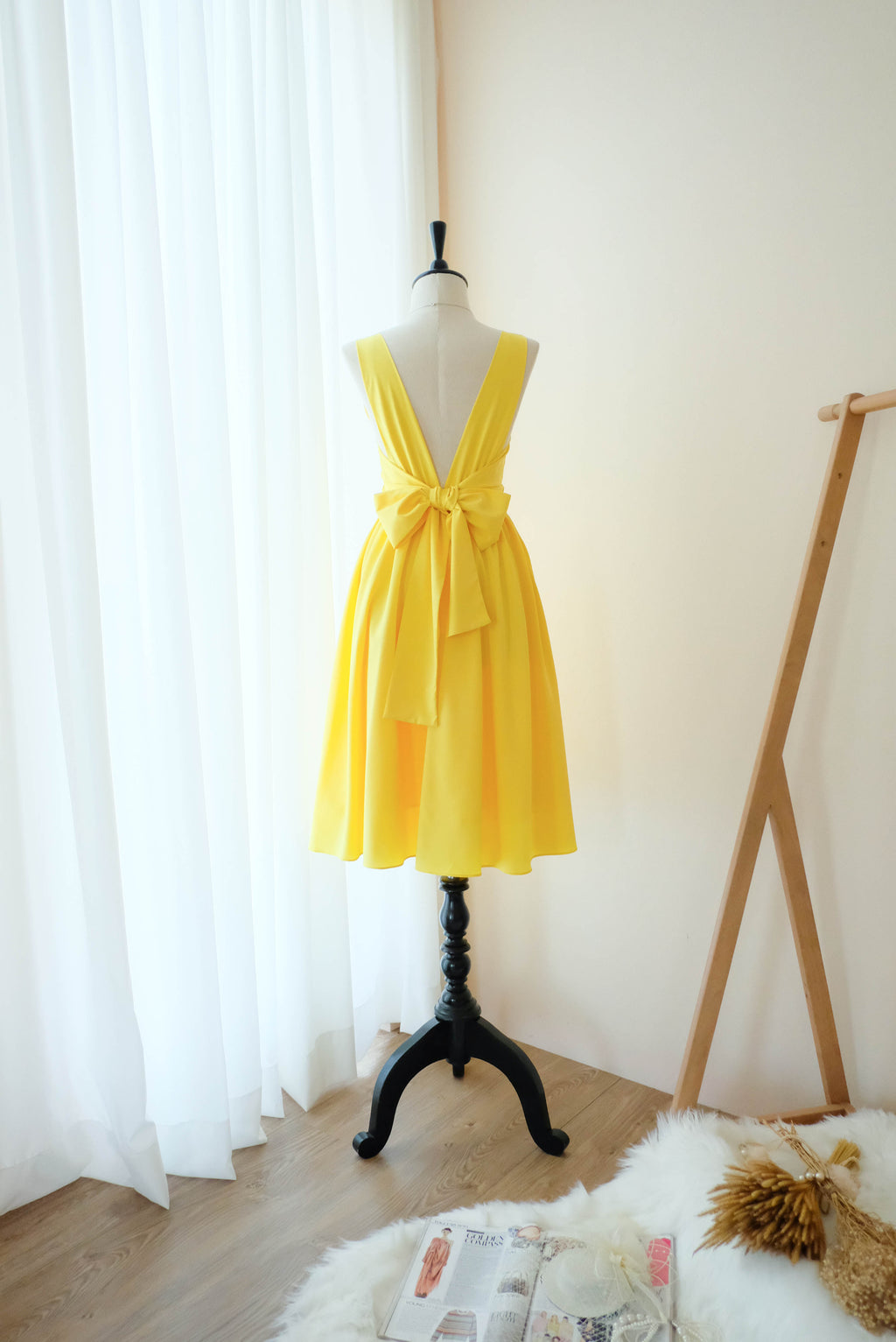 Lemon yellow bridesmaid backless Keeratika prom length bow handmade party – clothing Mid dress back