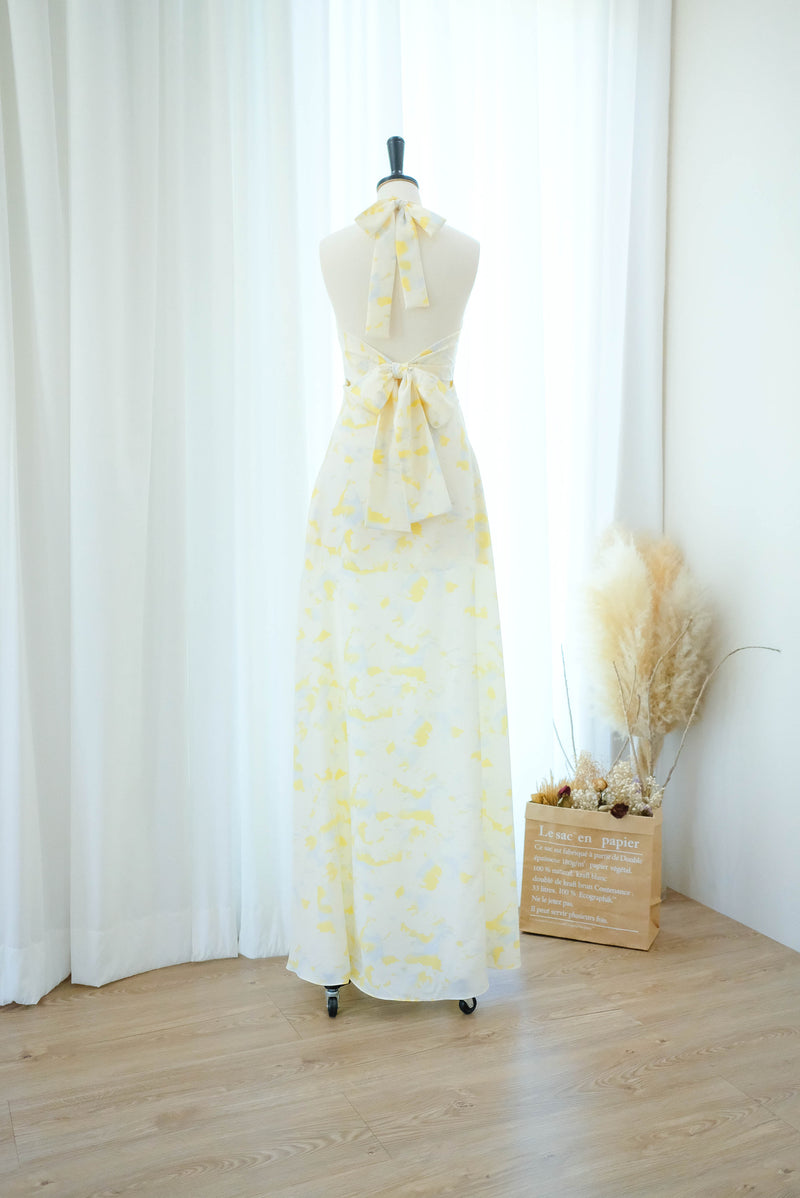 Yellow Watercolor halter backless maxi cocktail party bridesmaid dress - SYMPHONY