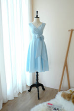 Powder blue V neck bridesmaid dress mid length tea party dress - MY LADY