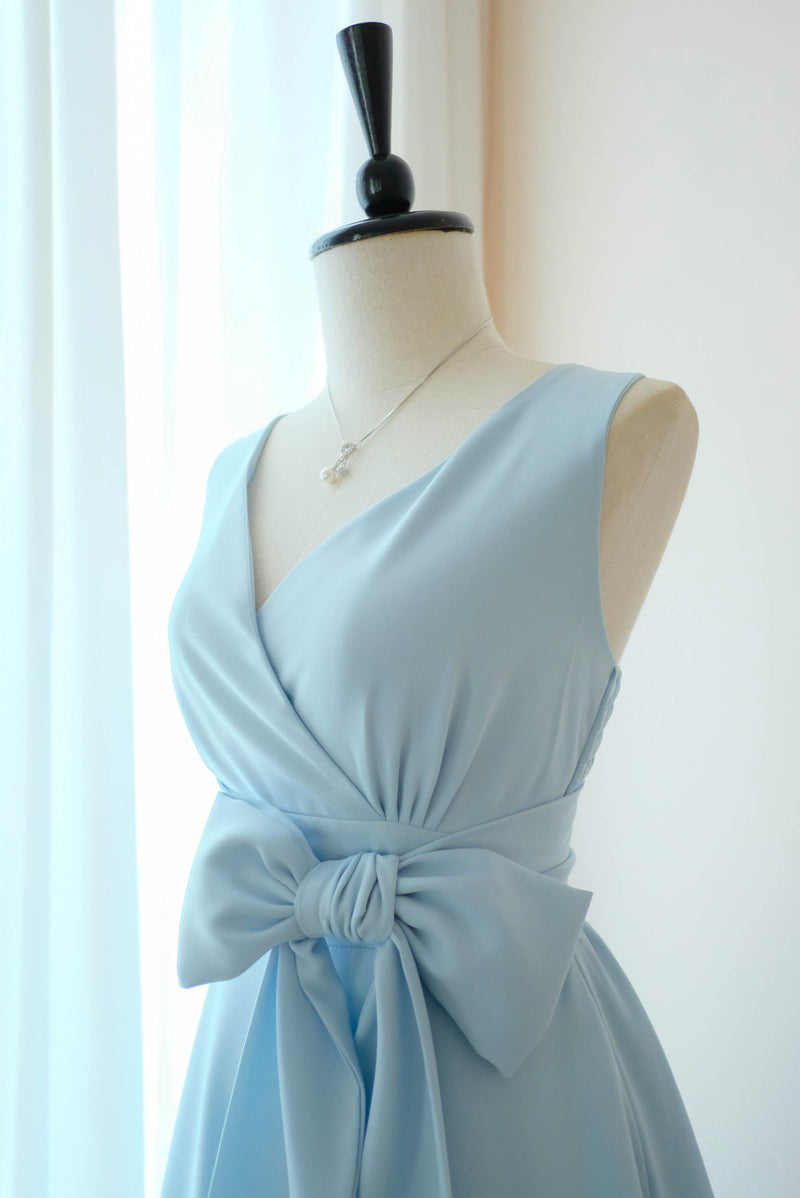 Powder blue V neck bridesmaid dress mid length tea party dress - MY LADY