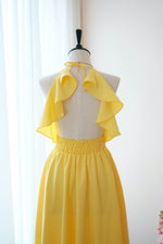 Lemon yellow Bridesmaid dress backless halter mid length party prom wedding bridal cocktail dresses - VANESSA