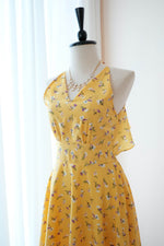 Yellow floral Bridesmaid dress backless halter mid length party prom wedding bridal cocktail dresses - VANESSA