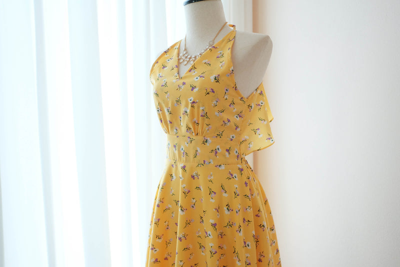 Yellow floral Bridesmaid dress backless halter mid length party prom wedding bridal cocktail dresses - VANESSA