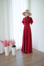 Red dress bridal bride maxi Red bridesmaid dress High neck Vintage prom party rustic country cocktail dress - ELODIE