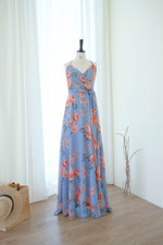 Linh Chiffon blue floral bridesmaid party dress