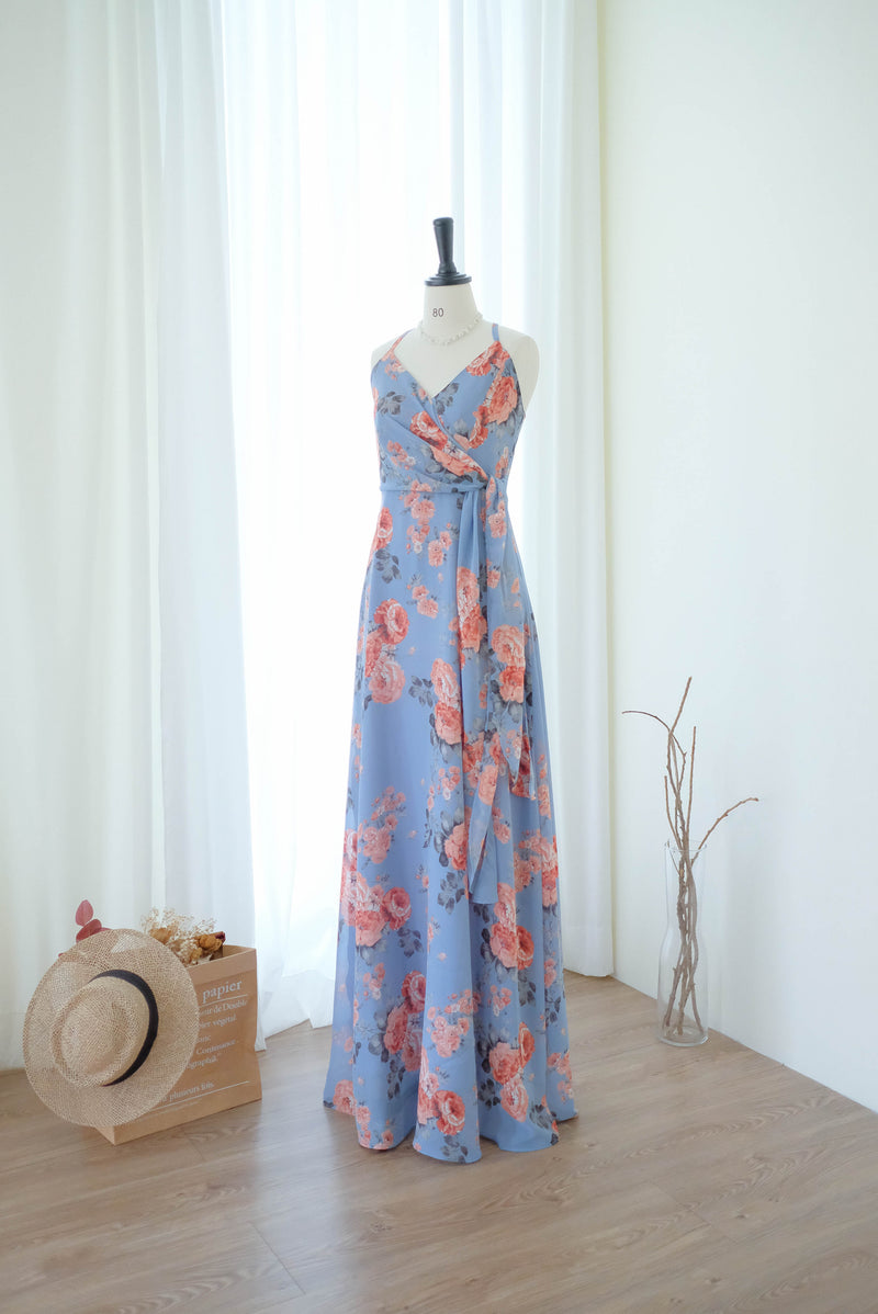 Linh Chiffon blue floral bridesmaid party dress