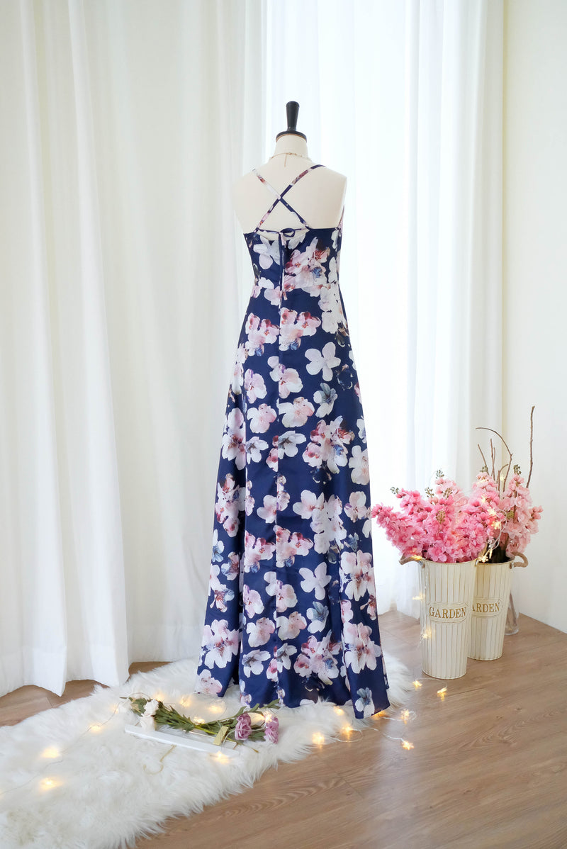 Linh Satin Navy floral bridesmaid party dress