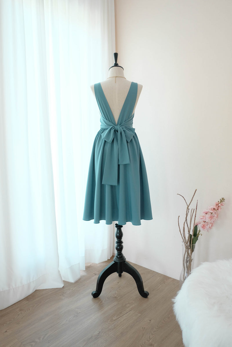 Rustic blue bridesmaid dress Mid length backless bow back prom party cocktail wedding gown - VALENTINA